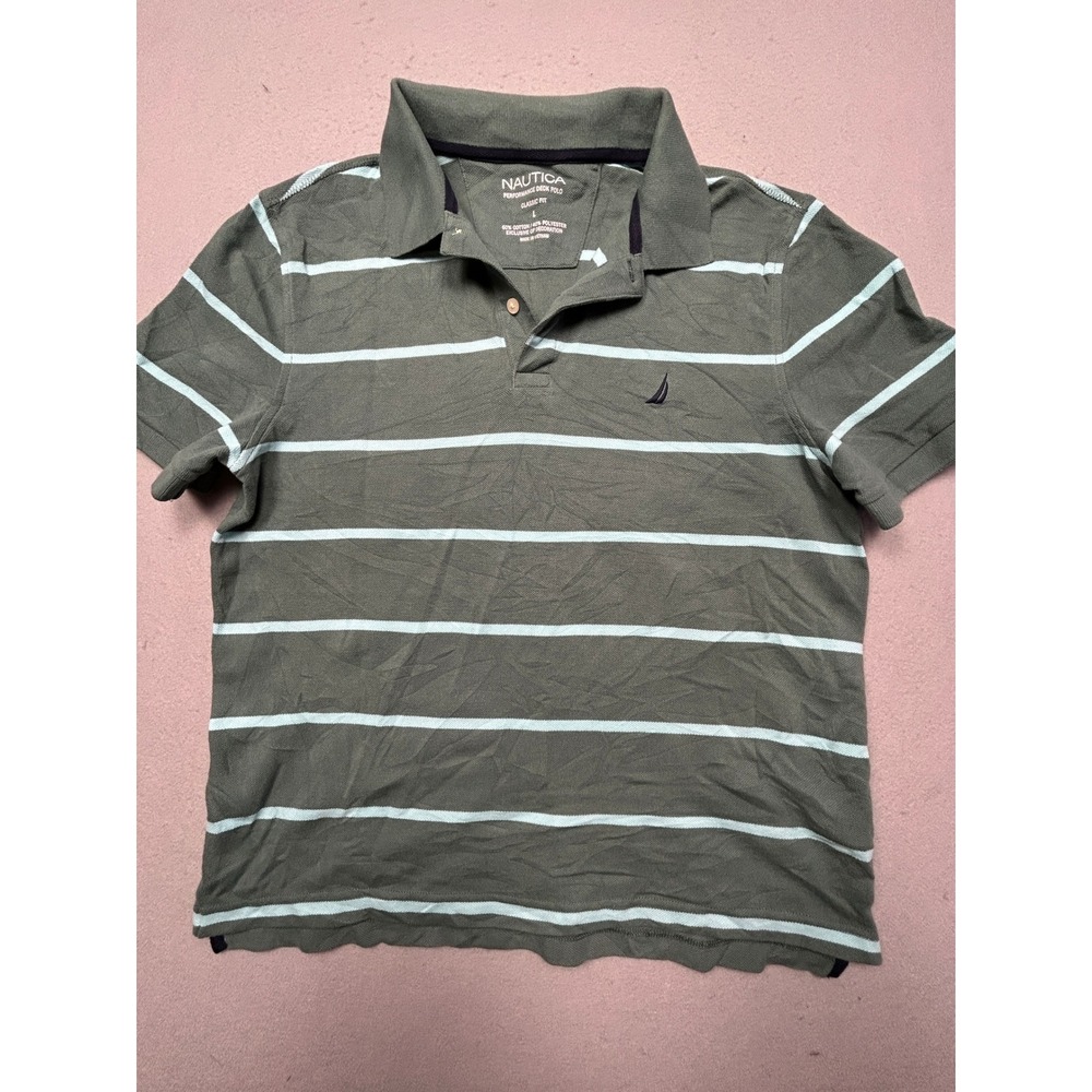 Nautica Performance Deck Polo Cotton Polyester Striped Green Blue L Mens